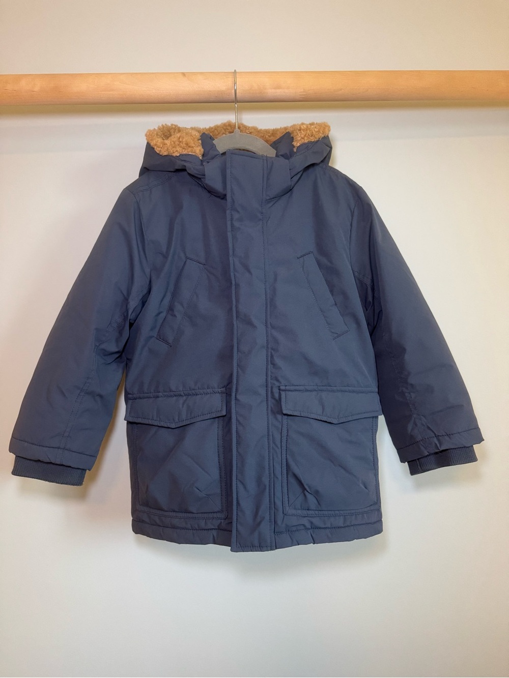 H&M Kids Navy Blue Hooded Coat with Faux-Fur Trim